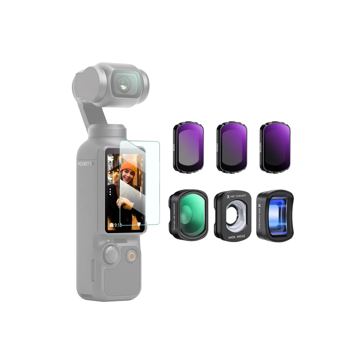 K&F Concept 6-in-1 Filter Kit for DJI Osmo Pocket 3 & 4 (ND8, ND32, ND128, Wide Angle, Macro & 1.2× Anamorphic Lens)
