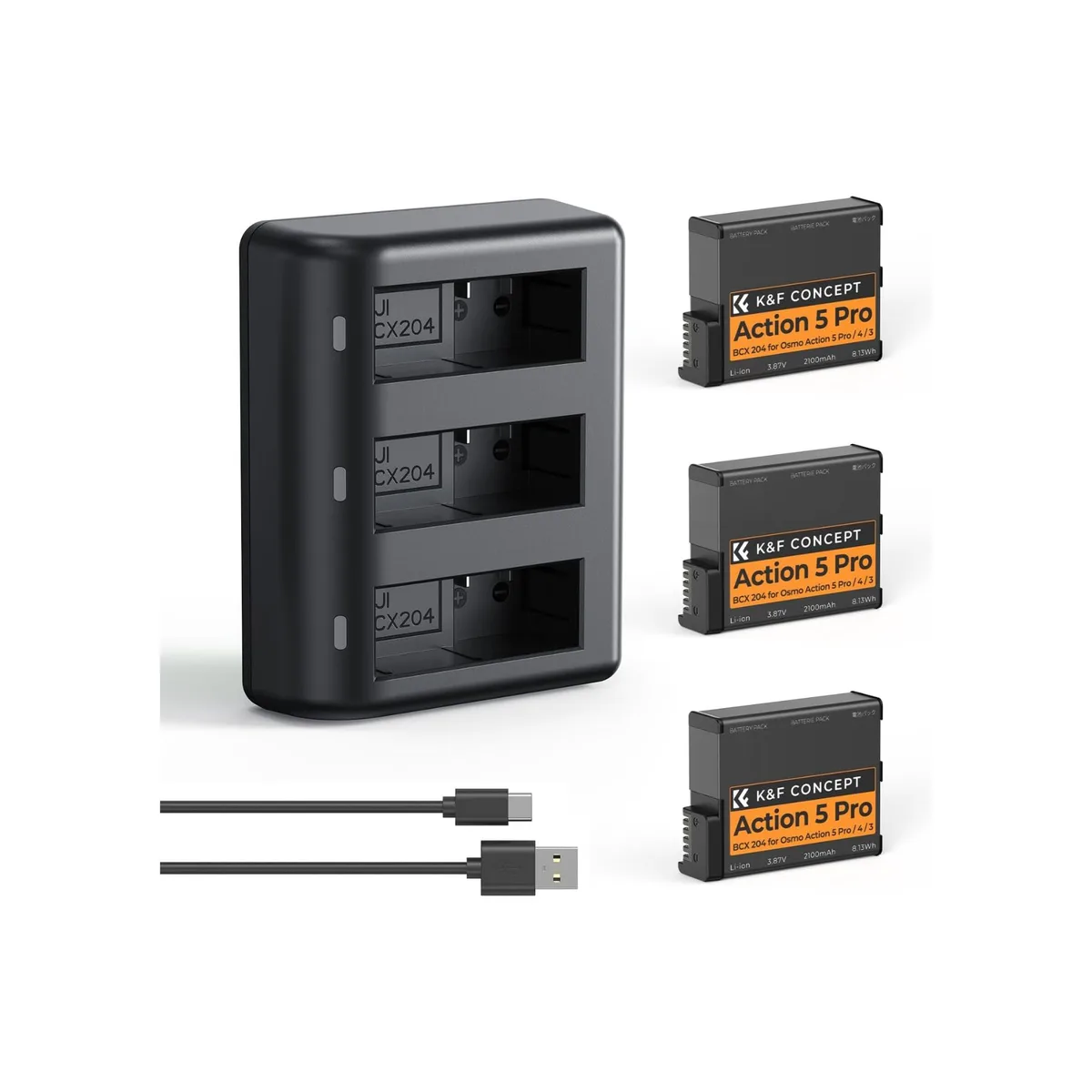 K&F Concept DJI Osmo Action 6/5 Pro/4/3 & 360 Triple Battery Charger Kit with 3× 2100mAh Batteries