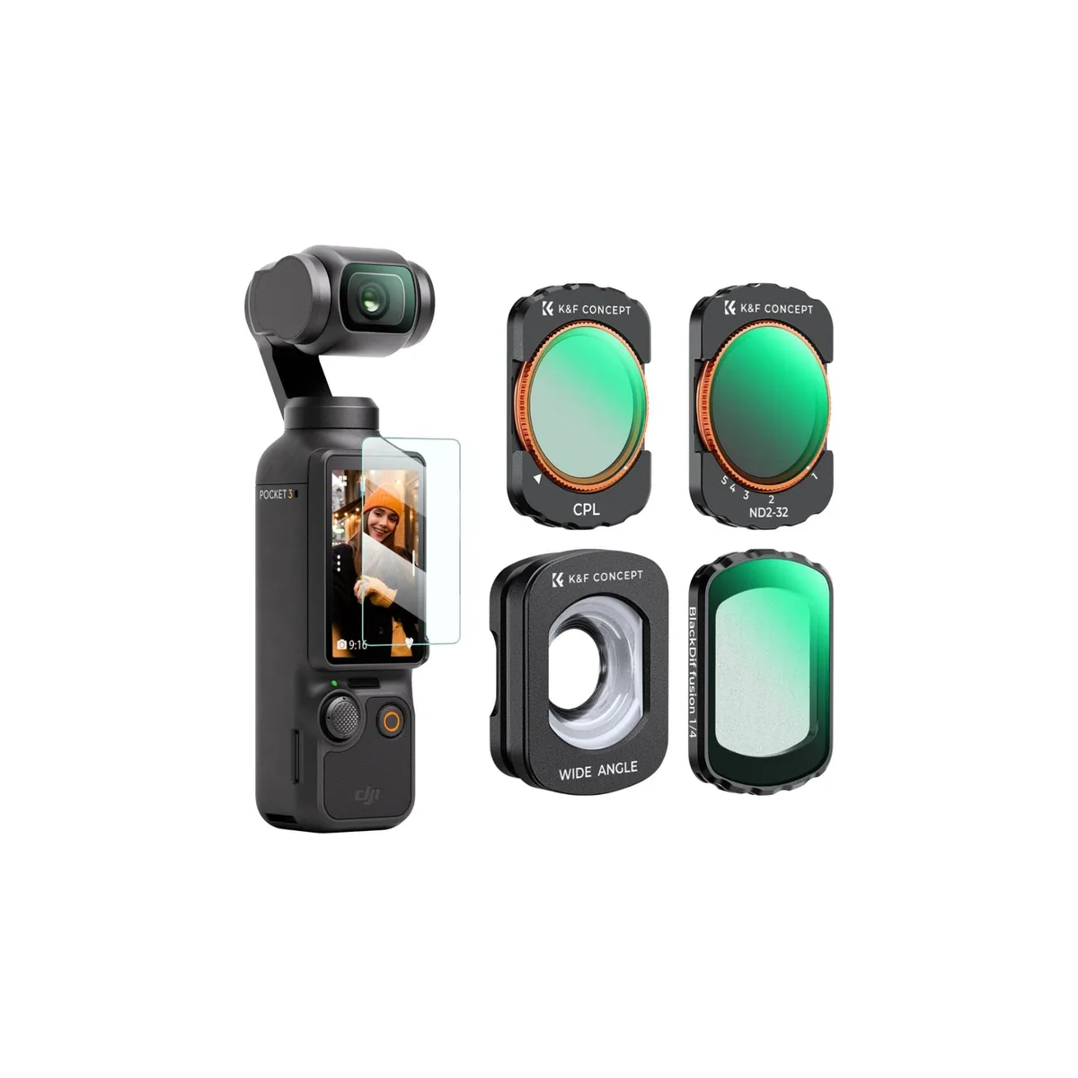 K&F Concept DJI Osmo Pocket 3/4 Camera 4-Piece Filter Set (CPL + Black Diffusion 1/4 + Variable ND2-32 + Wide Angle Lens)