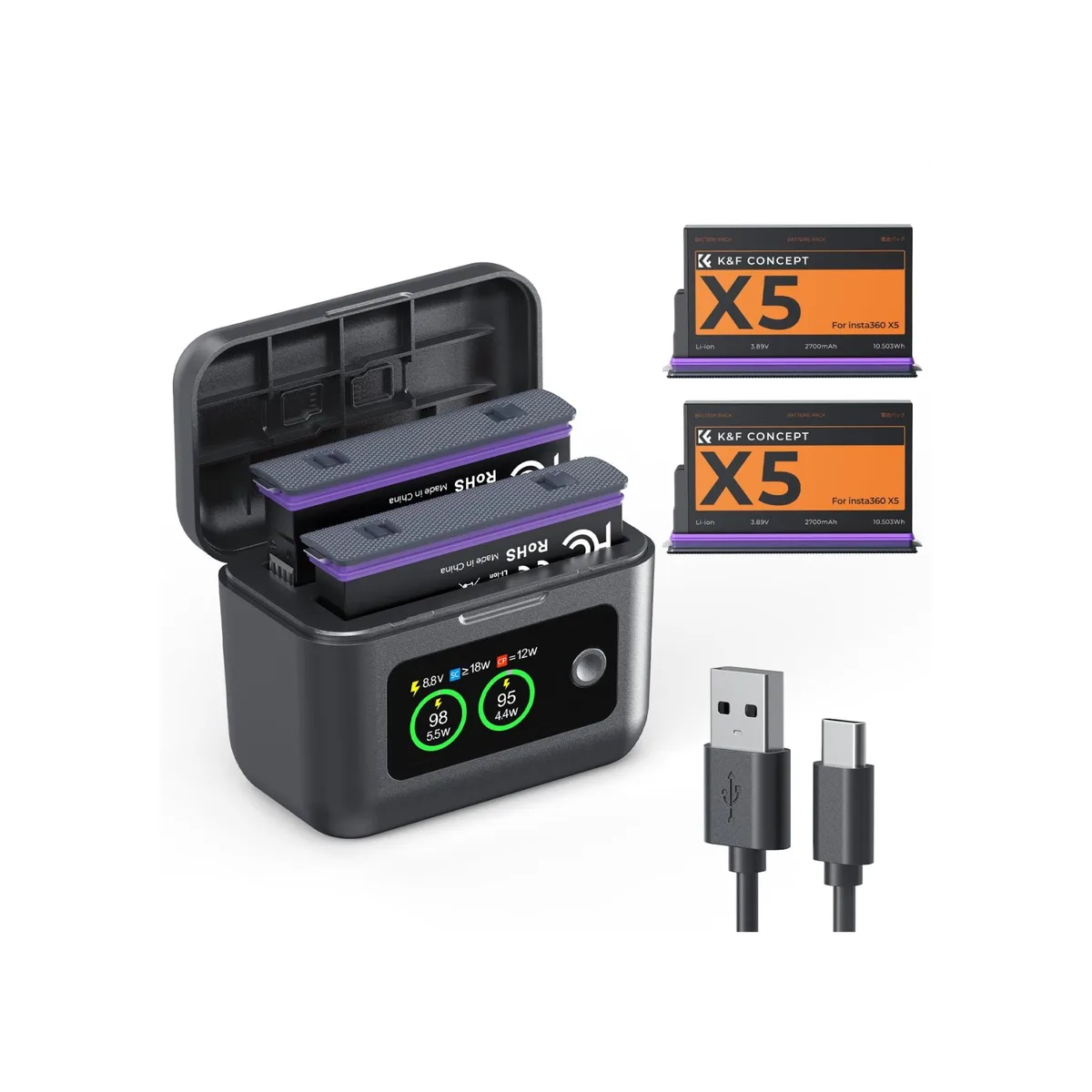 K&F Concept Insta360 X5 Dual Battery Kit with Smart Charging Case – 2 × 2700mAh Batteries & 20W PD Fast Charging